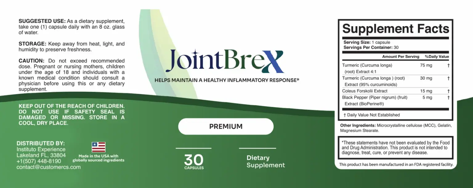 The full JointBrex product label including Supplement Facts panel and suggested use